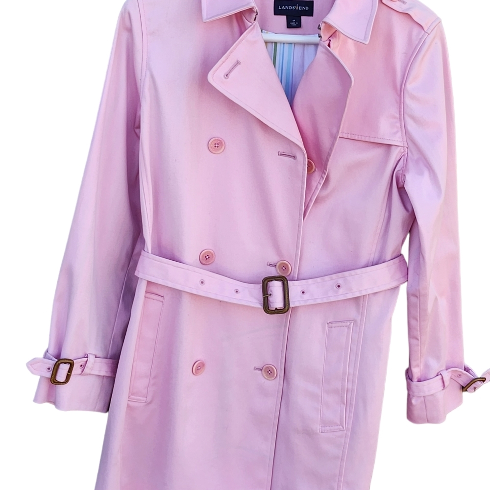 Lands End Womens Pink Canvas Belted Double Breasted Trench Coat Size 6 Petite